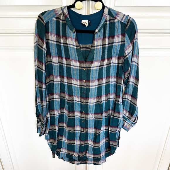 Anthropologie Womens Akemi Kin Plaid Lucie Long Tunic Top Soft Rayon Wool Blouse - Picture 3 of 10